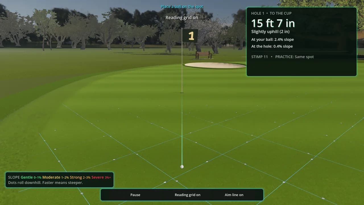 White break dots on the cyan reading grid, viewed from behind the ball on the PuttBay practice green