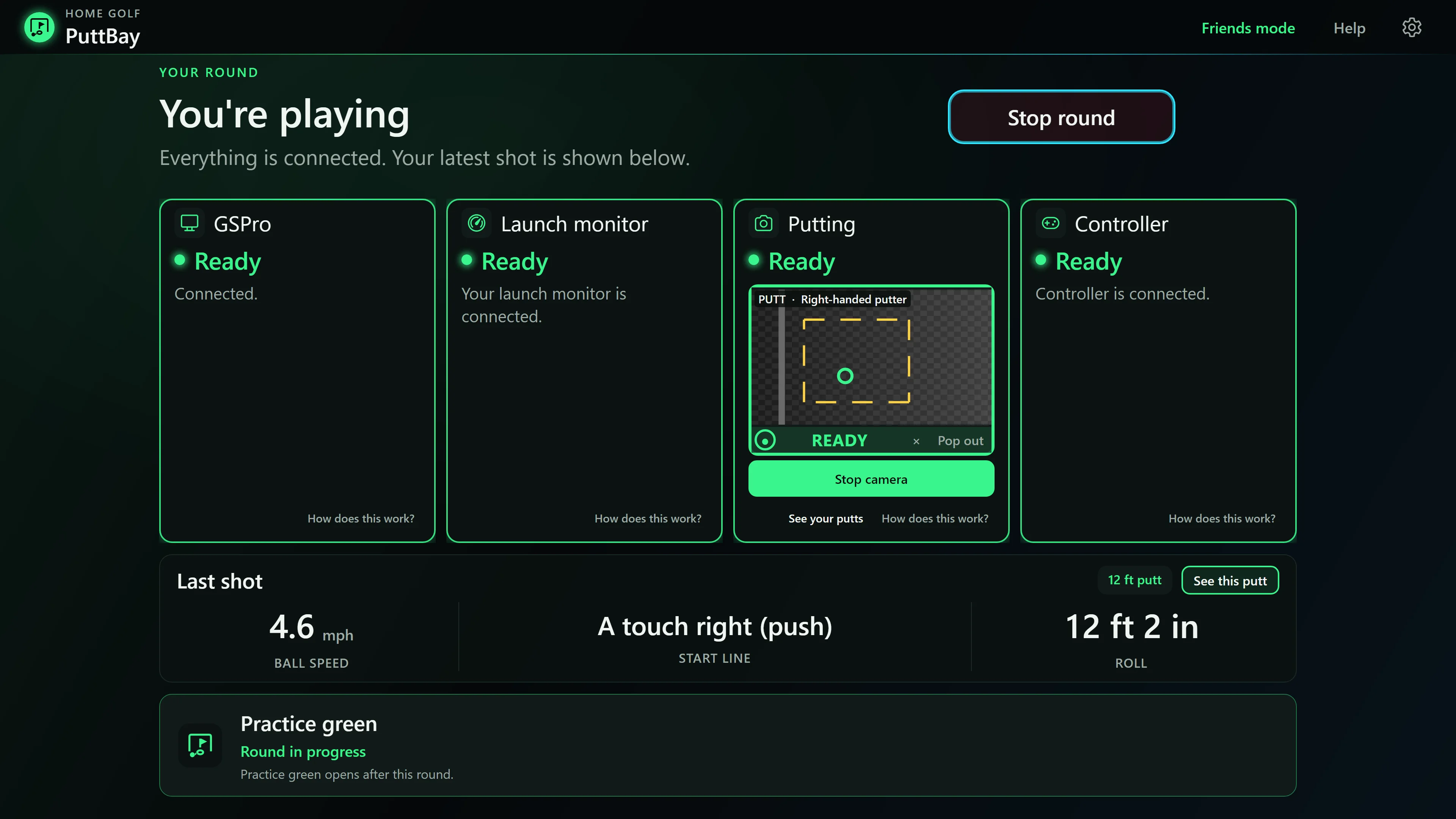 PuttBay during a round: GSPro, launch monitor, putting and controller all Ready, with the last putt's speed and start line